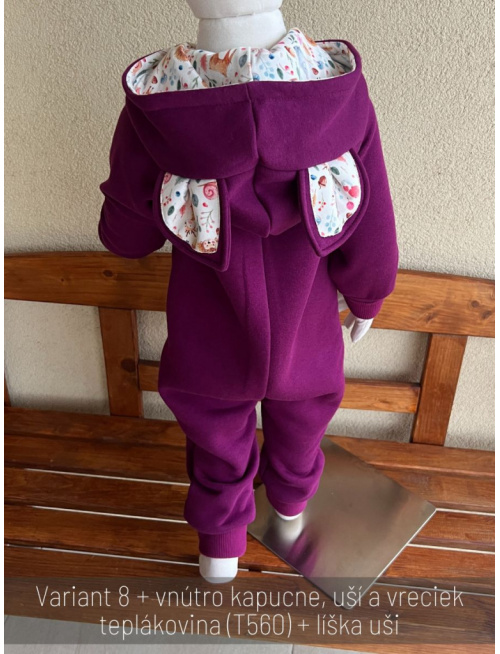 Overal s uškami - počesaná teplákovina + vzor - MAČKA/LÍŠKA/VLK