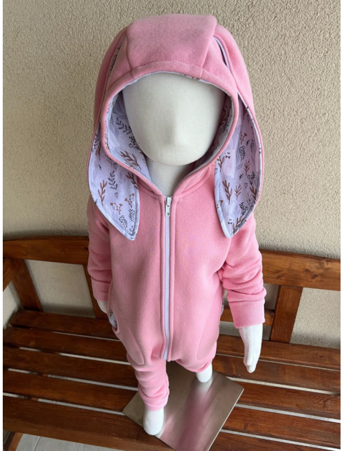 Overal s uškami - počesaná teplákovina + vzor - ZAJAČIK