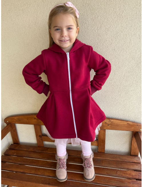 Rastúci kabátik s prestrihom - sukničkový - RIO s uškami - počesaná teplákovina - vínová