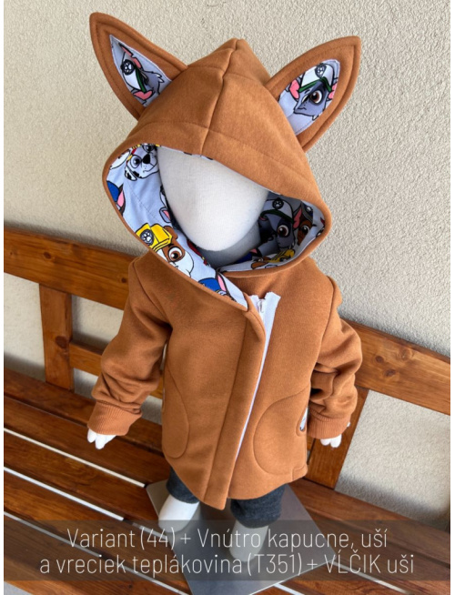 Rastúci kabátik so šikmozipsom, uškami a podšitou kapucňou - kombinovaný -počesaná teplákovina