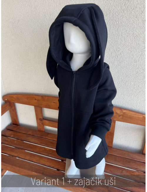 Rastúci kabátik RIO s uškami - s prestrihom - počesaná teplákovina - čierna