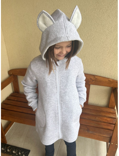 Rastúci kabátik RIO s uškami - s prestrihom - počesaná teplákovina - svetlosivý melír