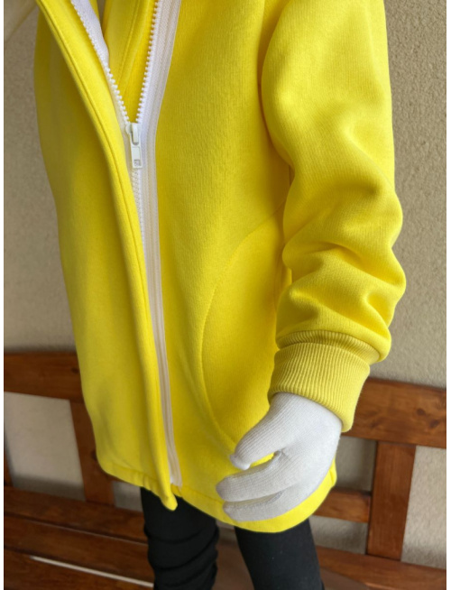 Rastúci kabátik so šikmozipsom, uškami a podšitou kapucňou - počesaná teplákovina