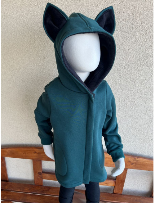 Rastúci kabátik so šikmozipsom, uškami a podšitou kapucňou - počesaná teplákovina