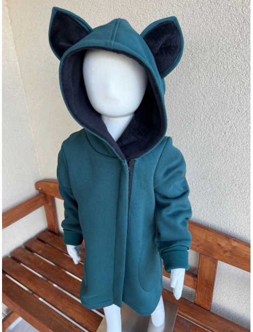 Rastúci kabátik so šikmozipsom, uškami a podšitou kapucňou - počesaná teplákovina