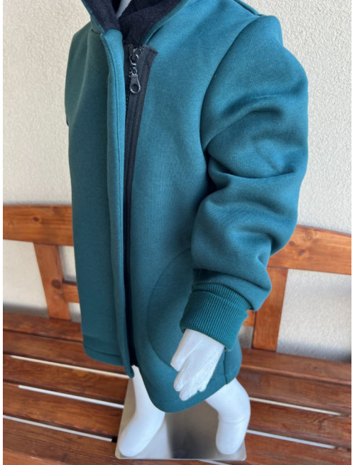 Rastúci kabátik so šikmozipsom, uškami a podšitou kapucňou - počesaná teplákovina