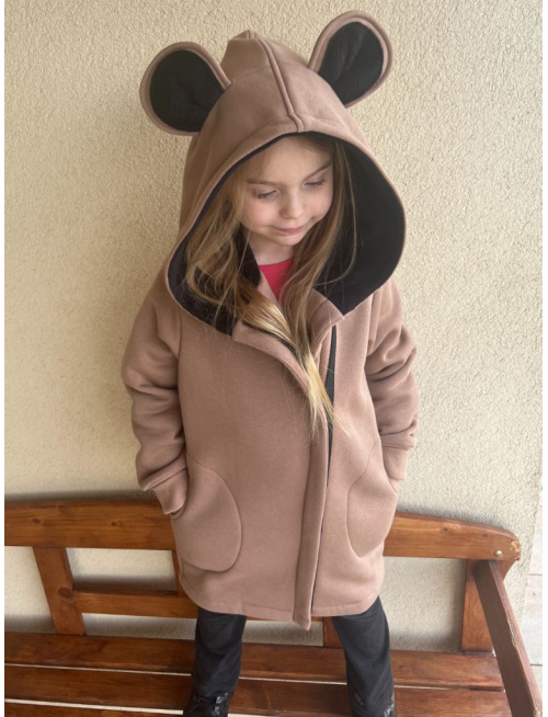 Rastúci kabátik so šikmozipsom, uškami a podšitou kapucňou - počesaná teplákovina