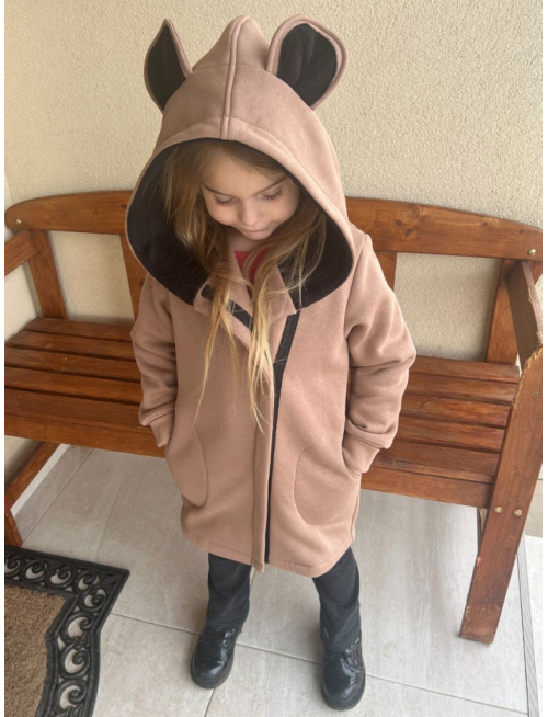 Rastúci kabátik so šikmozipsom, uškami a podšitou kapucňou - počesaná teplákovina