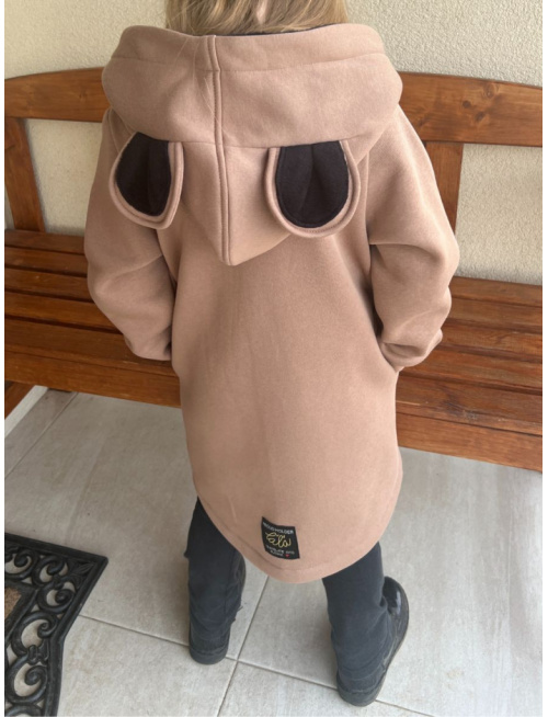 Rastúci kabátik so šikmozipsom, uškami a podšitou kapucňou - počesaná teplákovina