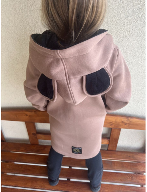 Rastúci kabátik so šikmozipsom, uškami a podšitou kapucňou - počesaná teplákovina