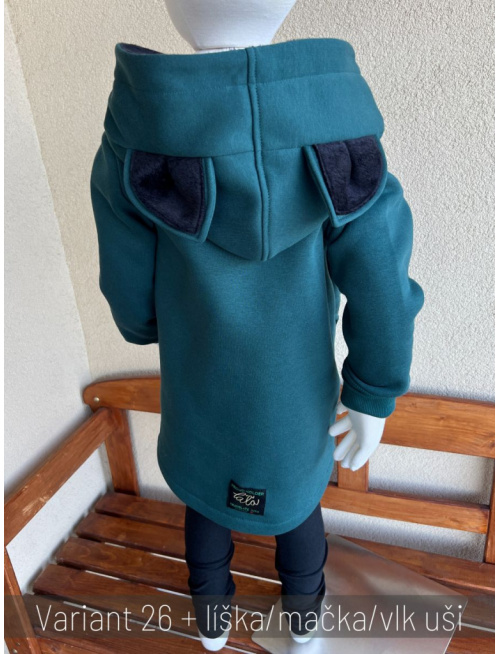 Rastúci kabátik so šikmozipsom, uškami a podšitou kapucňou - počesaná teplákovina