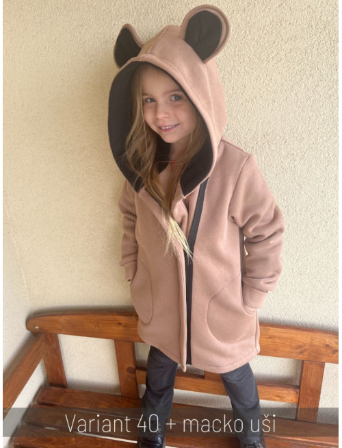 Rastúci kabátik so šikmozipsom, uškami a podšitou kapucňou - počesaná teplákovina