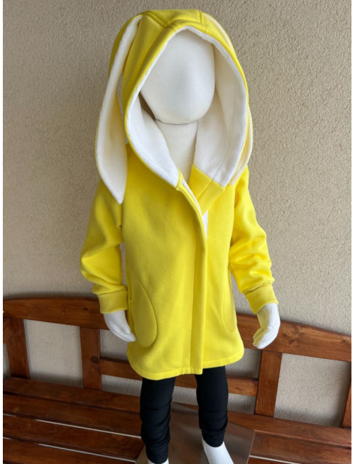 Rastúci kabátik so šikmozipsom, uškami a podšitou kapucňou - počesaná teplákovina - citrón žltá