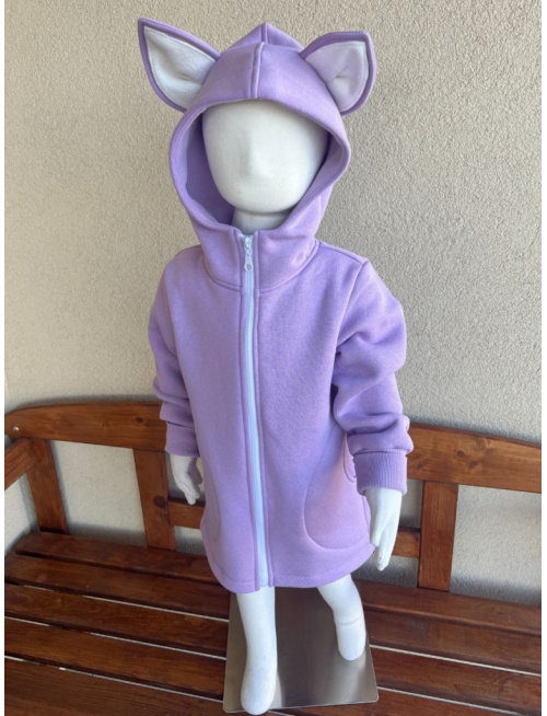 Rastúci kabátik s rovnozipsom a stojačikovou kapucňou - ALEX s uškami - počesaná teplákovina - lila