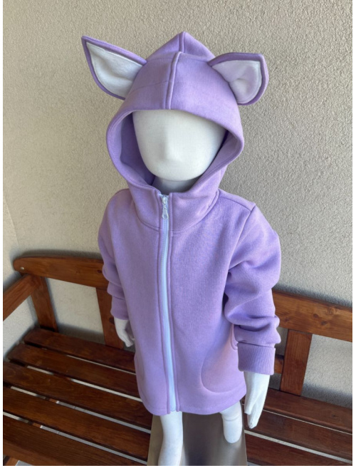 Rastúci kabátik s rovnozipsom a stojačikovou kapucňou - ALEX s uškami - počesaná teplákovina - lila