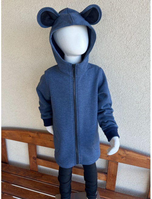 Rastúci kabátik s rovnozipsom a stojačikovou kapucňou - ALEX s uškami - počesaná teplákovina - melír modrá - POSLEDNÝ KUS