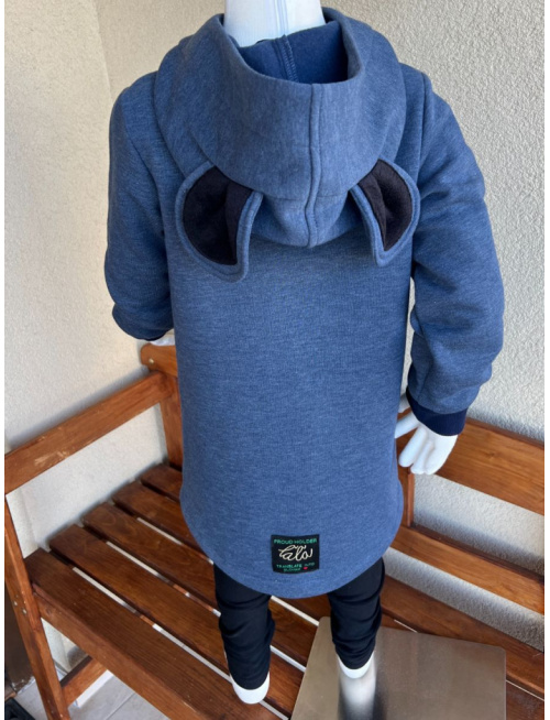 Rastúci kabátik s rovnozipsom a stojačikovou kapucňou - ALEX s uškami - počesaná teplákovina - melír modrá - POSLEDNÝ KUS