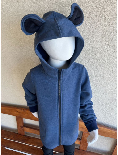 Rastúci kabátik s rovnozipsom a stojačikovou kapucňou - ALEX s uškami - počesaná teplákovina - melír modrá - POSLEDNÝ KUS