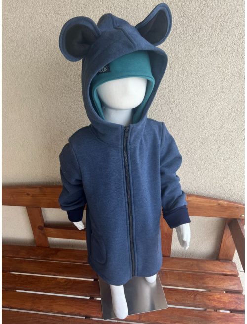 Rastúci kabátik s rovnozipsom a stojačikovou kapucňou - ALEX s uškami - počesaná teplákovina - melír modrá - POSLEDNÝ KUS