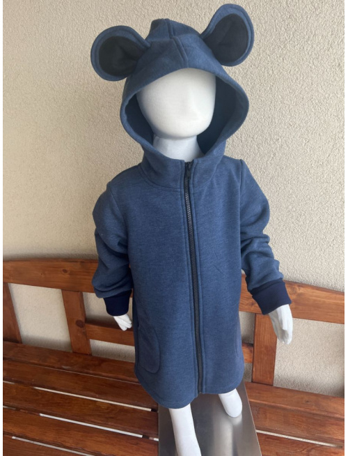 Rastúci kabátik s rovnozipsom a stojačikovou kapucňou - ALEX s uškami - počesaná teplákovina - melír modrá - POSLEDNÝ KUS