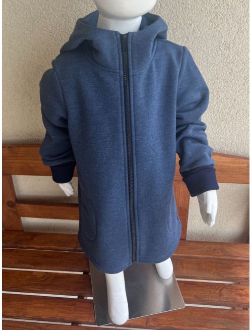 Rastúci kabátik s rovnozipsom a stojačikovou kapucňou - ALEX s uškami - počesaná teplákovina - melír modrá - POSLEDNÝ KUS