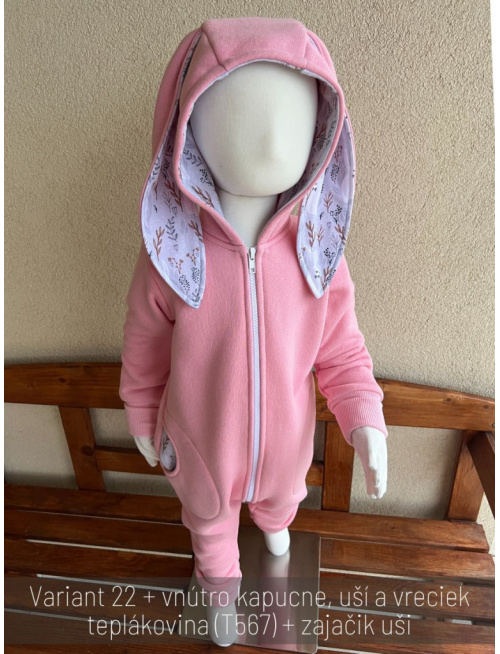 Overal s uškami - počesaná teplákovina + vzor - ZAJAČIK