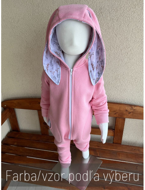 Overal s uškami - počesaná teplákovina + vzor - ZAJAČIK