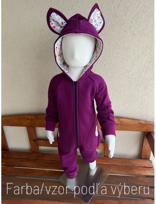 Overal s uškami - počesaná teplákovina + vzor - MAČKA/LÍŠKA/VLK