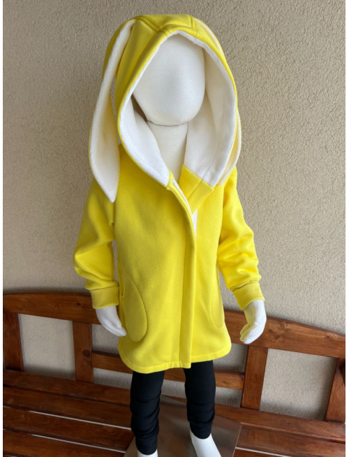 Rastúci kabátik so šikmozipsom, uškami a podšitou kapucňou - počesaná teplákovina