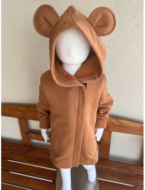 Rastúci kabátik so šikmozipsom, uškami a kapucňou - počesaná teplákovina - karamel - POSLEDNÝ KUS