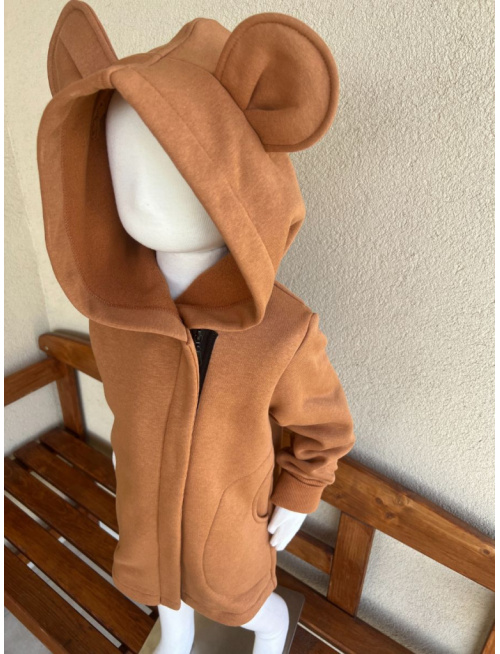 Rastúci kabátik so šikmozipsom, uškami a kapucňou - počesaná teplákovina - karamel - POSLEDNÝ KUS