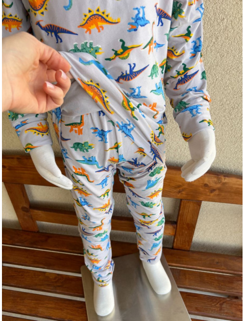 Detské pyžamko s rastúcimi manžetami DINOSAURUS NA SIVOM - klasik strih
