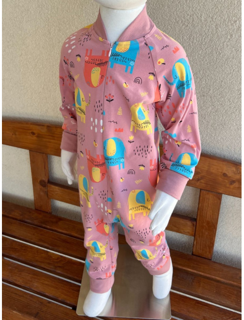 Pyžamkový overal - úplet - sloník na staroružovej