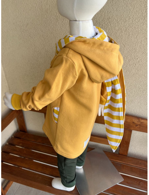 Rastúci kabátik so šikmozipsom, uškami a podšitou kapucňou - tenká počesaná teplákovina