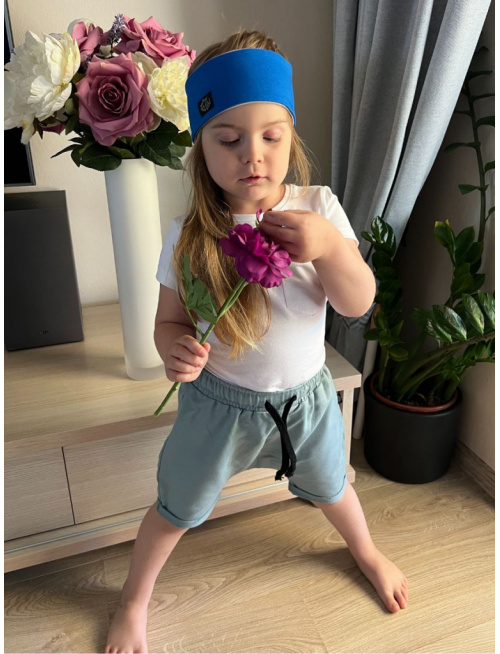 Tepláková rovná čelenka obojstranná - kobaltová + melír sivá