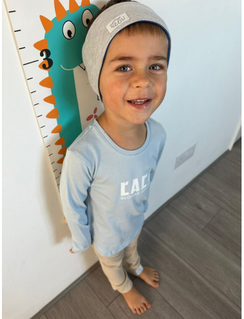 Tepláková rovná čelenka obojstranná - kobaltová + melír sivá