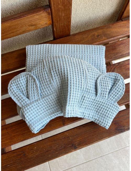 Detské vaflové pončo s MACKO uškami - belaso modré