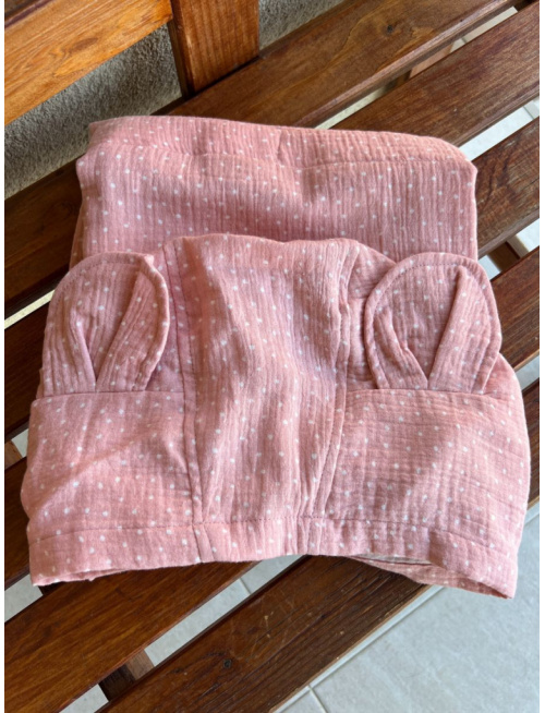 Detské pončo macko uši - guľka na staroružovej - gázovina/mušelín - LEN DO VYPREDANIA ZÁSOB