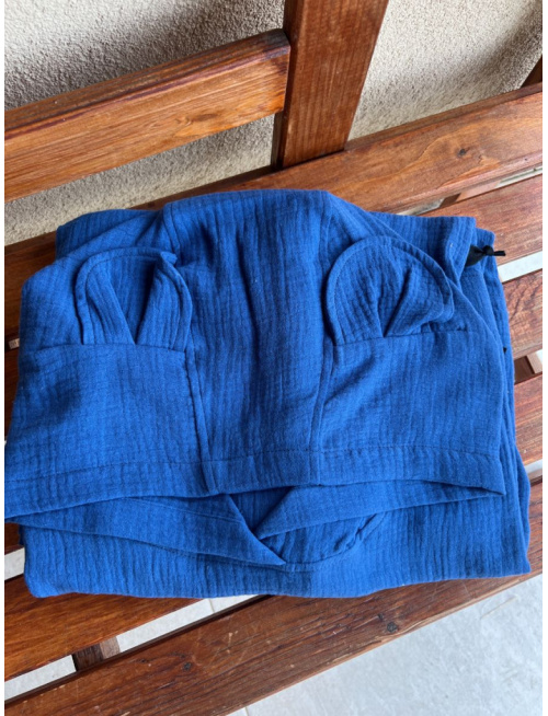 Detské pončo macko uši - kráľovská modrá - gázovina/mušelín