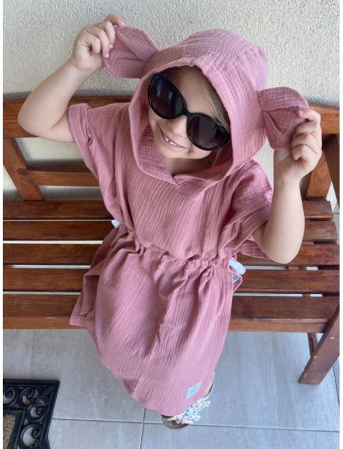 Detské pončo macko uši - tmavá staroružová - gázovina/mušelín