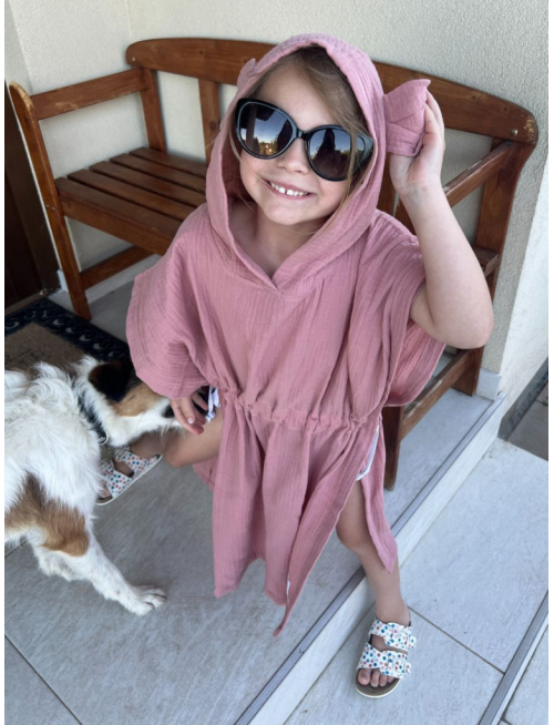 Detské pončo macko uši - tmavá staroružová - gázovina/mušelín