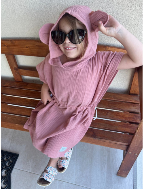 Detské pončo macko uši - tmavá staroružová - gázovina/mušelín