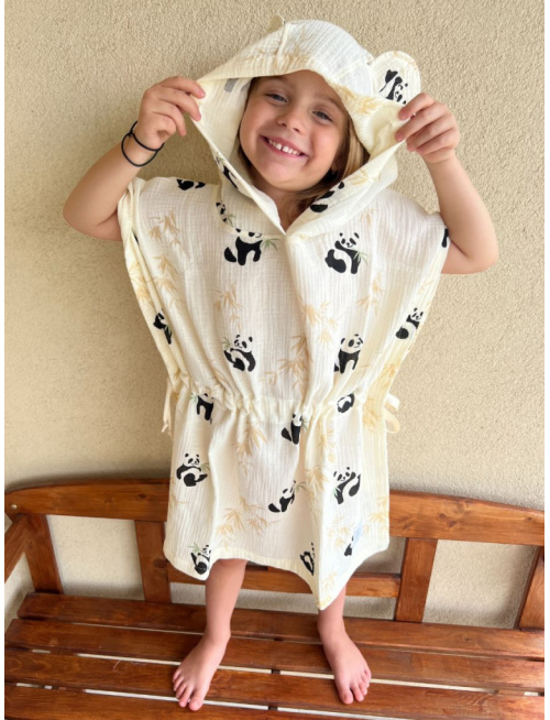 Detské pončo macko uši - panda - gázovina/mušelín