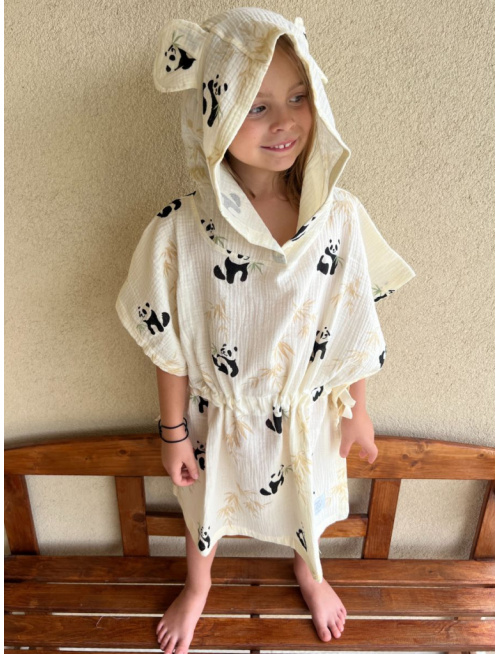 Detské pončo macko uši - panda - gázovina/mušelín