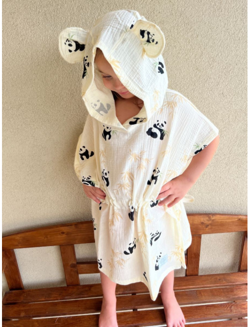 Detské pončo macko uši - panda - gázovina/mušelín