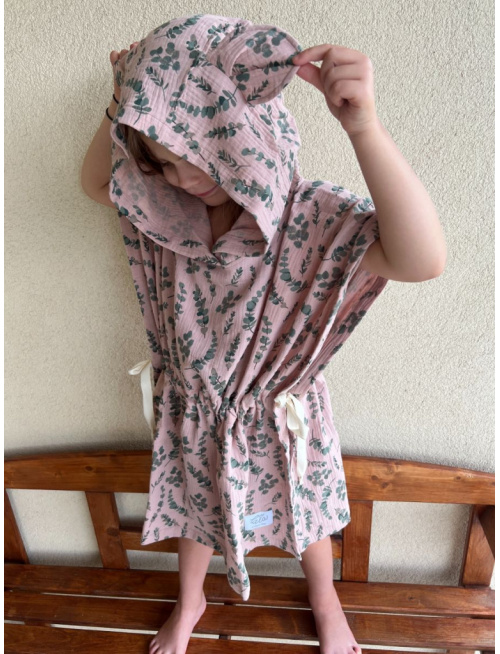 Detské pončo macko uši - eukalyptus na svetlej staroružovej - gázovina/mušelín