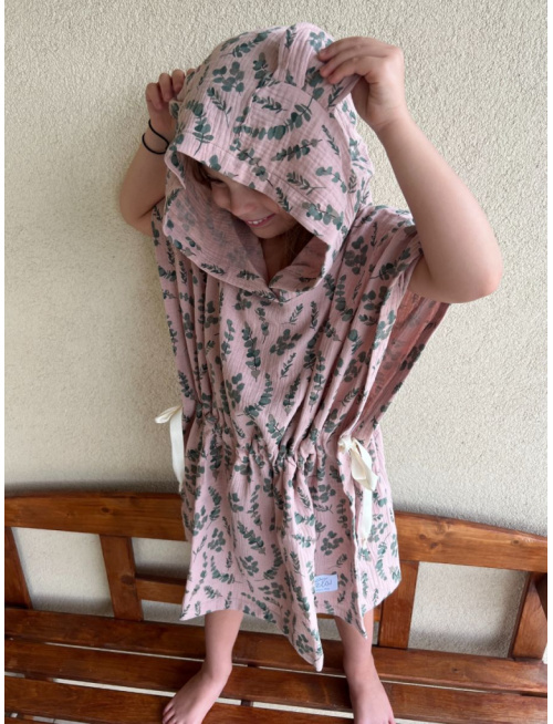 Detské pončo macko uši - eukalyptus na svetlej staroružovej - gázovina/mušelín