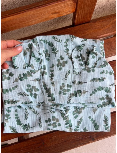 Detské pončo macko uši - eukalyptus na modrej - gázovina/mušelín