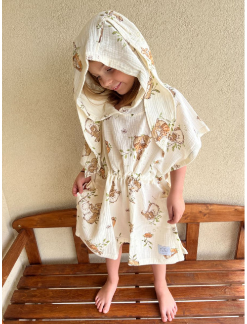 Detské pončo zajačik uši - zajačik na maslovom podklade - gázovina/mušelín