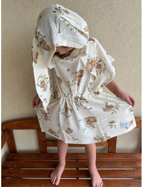 Detské pončo zajačik uši - zajačik na maslovom podklade - gázovina/mušelín